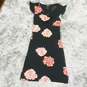 BCBG black dress with coral/red flowers